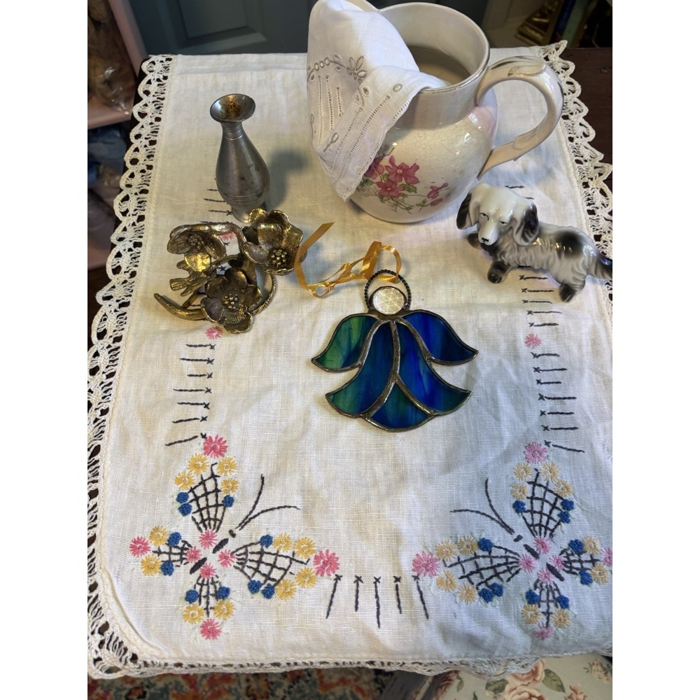 Stained Glass Angel Cottage Core Vintage Vignette Bundle. Brass, Stained Glass.